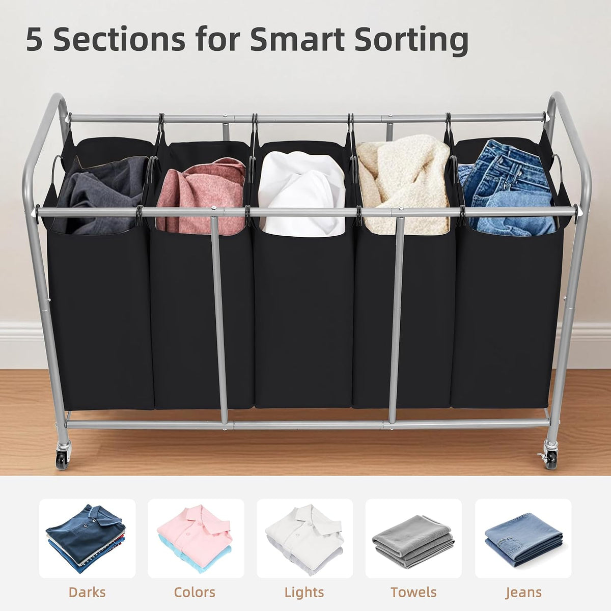 3 Section Laundry Sorter, 35.6 Gal (135 L) Laundry Hamper Cart with Heavy Duty Rolling Lockable Wheels and Removable Bags, Clothes Organizer Basket Separator Hamper, Gray