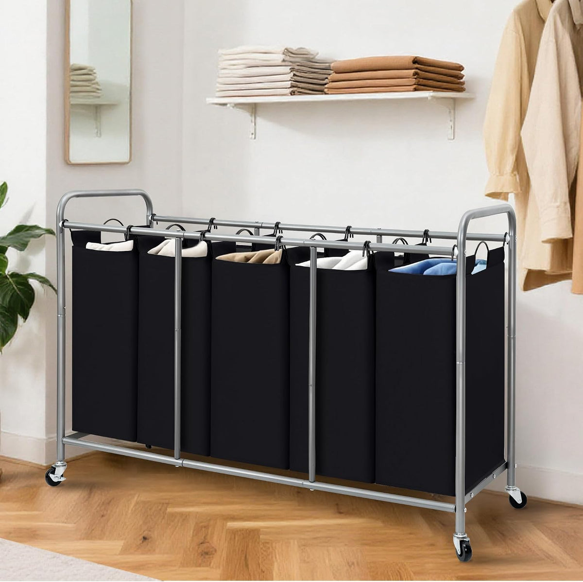3 Section Laundry Sorter, 35.6 Gal (135 L) Laundry Hamper Cart with Heavy Duty Rolling Lockable Wheels and Removable Bags, Clothes Organizer Basket Separator Hamper, Gray