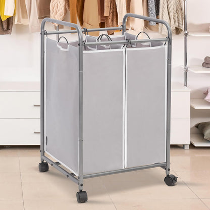 3 Section Laundry Sorter, 35.6 Gal (135 L) Laundry Hamper Cart with Heavy Duty Rolling Lockable Wheels and Removable Bags, Clothes Organizer Basket Separator Hamper, Gray
