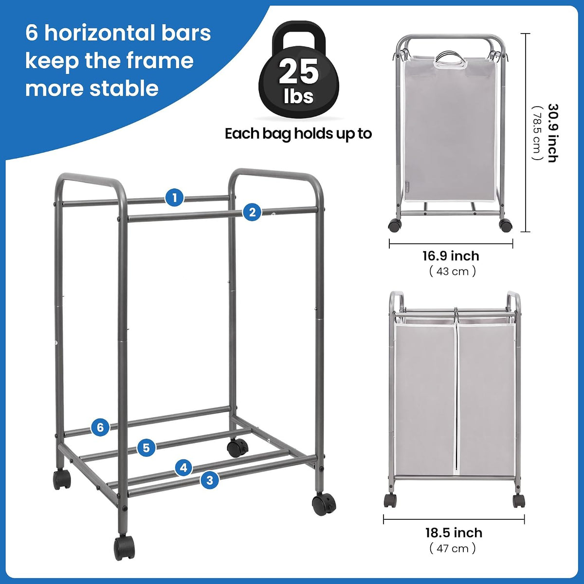 3 Section Laundry Sorter, 35.6 Gal (135 L) Laundry Hamper Cart with Heavy Duty Rolling Lockable Wheels and Removable Bags, Clothes Organizer Basket Separator Hamper, Gray