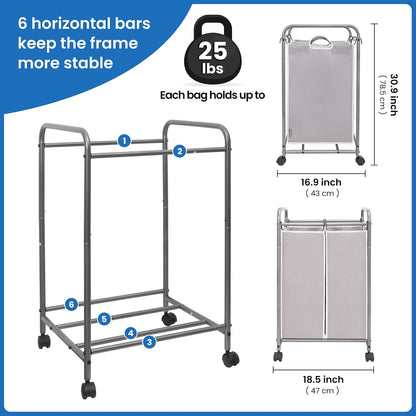 3 Section Laundry Sorter, 35.6 Gal (135 L) Laundry Hamper Cart with Heavy Duty Rolling Lockable Wheels and Removable Bags, Clothes Organizer Basket Separator Hamper, Gray