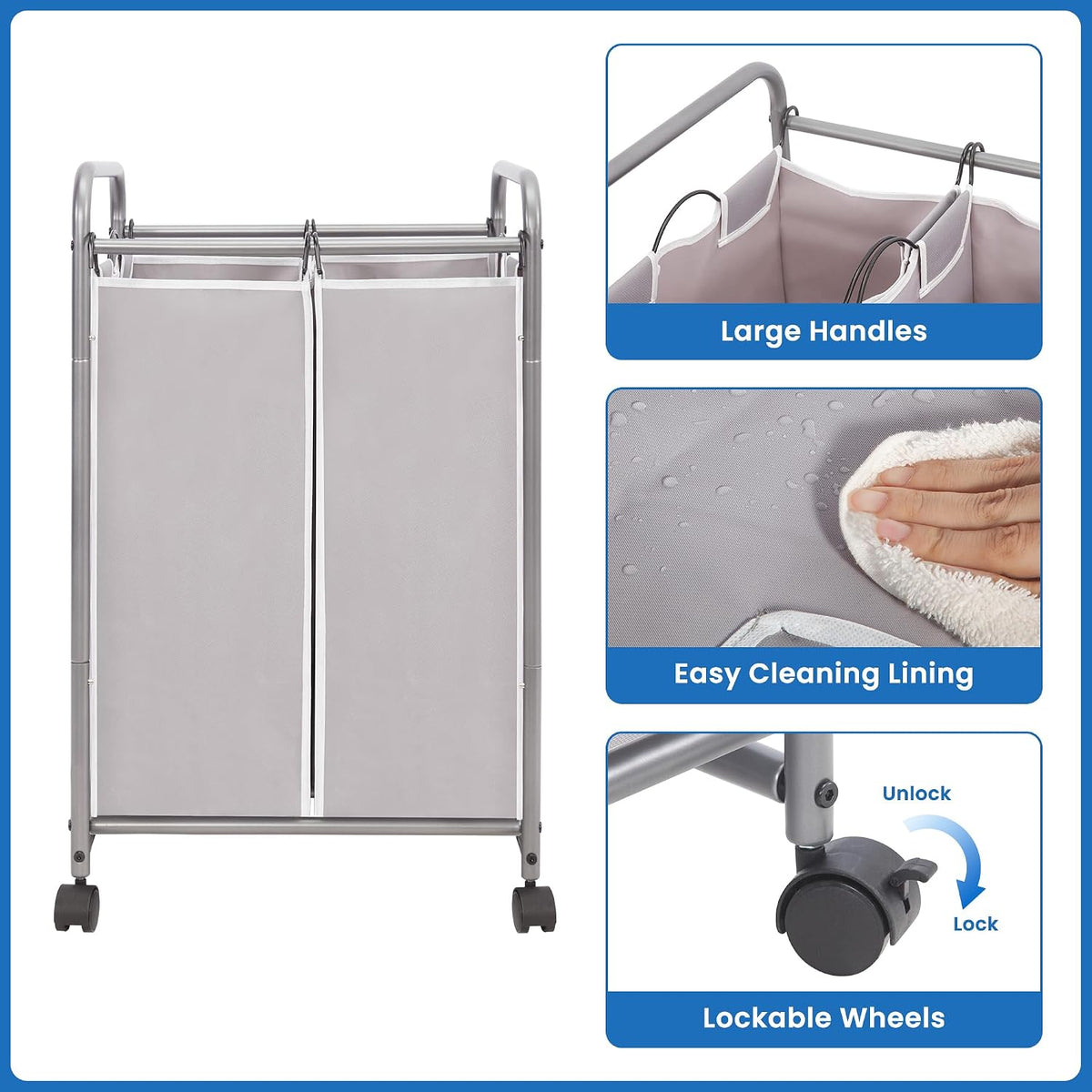 3 Section Laundry Sorter, 35.6 Gal (135 L) Laundry Hamper Cart with Heavy Duty Rolling Lockable Wheels and Removable Bags, Clothes Organizer Basket Separator Hamper, Gray