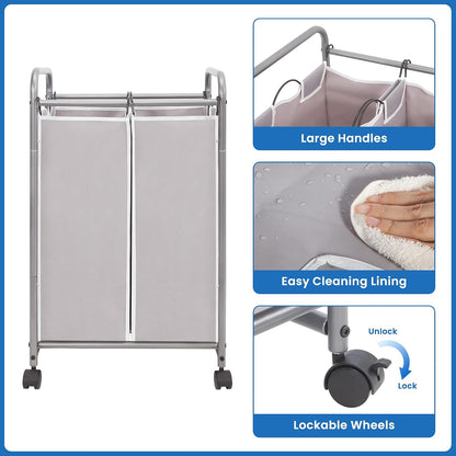 3 Section Laundry Sorter, 35.6 Gal (135 L) Laundry Hamper Cart with Heavy Duty Rolling Lockable Wheels and Removable Bags, Clothes Organizer Basket Separator Hamper, Gray