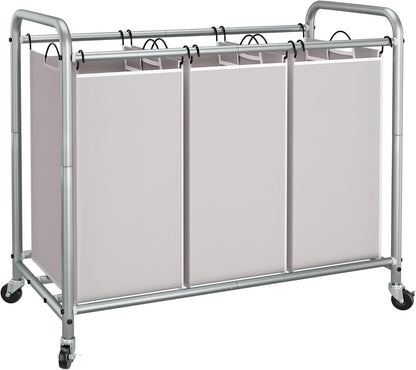 3 Section Laundry Sorter, 35.6 Gal (135 L) Laundry Hamper Cart with Heavy Duty Rolling Lockable Wheels and Removable Bags, Clothes Organizer Basket Separator Hamper, Gray