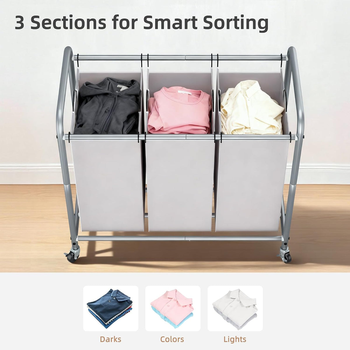 3 Section Laundry Sorter, 35.6 Gal (135 L) Laundry Hamper Cart with Heavy Duty Rolling Lockable Wheels and Removable Bags, Clothes Organizer Basket Separator Hamper, Gray