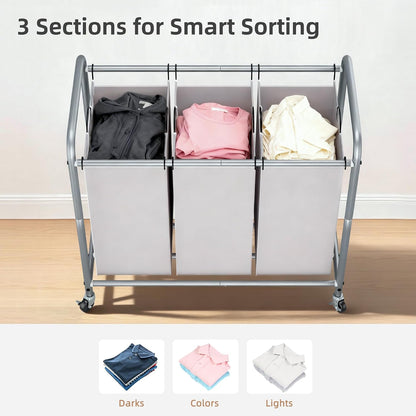 3 Section Laundry Sorter, 35.6 Gal (135 L) Laundry Hamper Cart with Heavy Duty Rolling Lockable Wheels and Removable Bags, Clothes Organizer Basket Separator Hamper, Gray