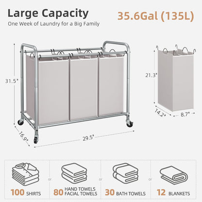 3 Section Laundry Sorter, 35.6 Gal (135 L) Laundry Hamper Cart with Heavy Duty Rolling Lockable Wheels and Removable Bags, Clothes Organizer Basket Separator Hamper, Gray