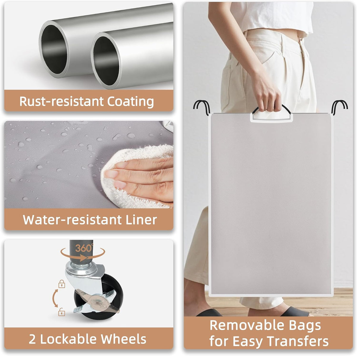 3 Section Laundry Sorter, 35.6 Gal (135 L) Laundry Hamper Cart with Heavy Duty Rolling Lockable Wheels and Removable Bags, Clothes Organizer Basket Separator Hamper, Gray