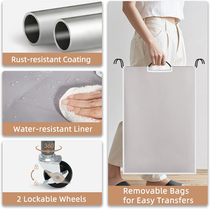 3 Section Laundry Sorter, 35.6 Gal (135 L) Laundry Hamper Cart with Heavy Duty Rolling Lockable Wheels and Removable Bags, Clothes Organizer Basket Separator Hamper, Gray