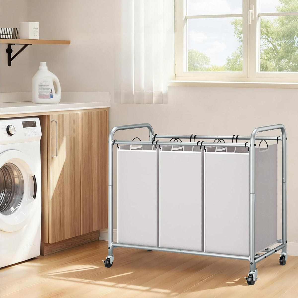 3 Section Laundry Sorter, 35.6 Gal (135 L) Laundry Hamper Cart with Heavy Duty Rolling Lockable Wheels and Removable Bags, Clothes Organizer Basket Separator Hamper, Gray