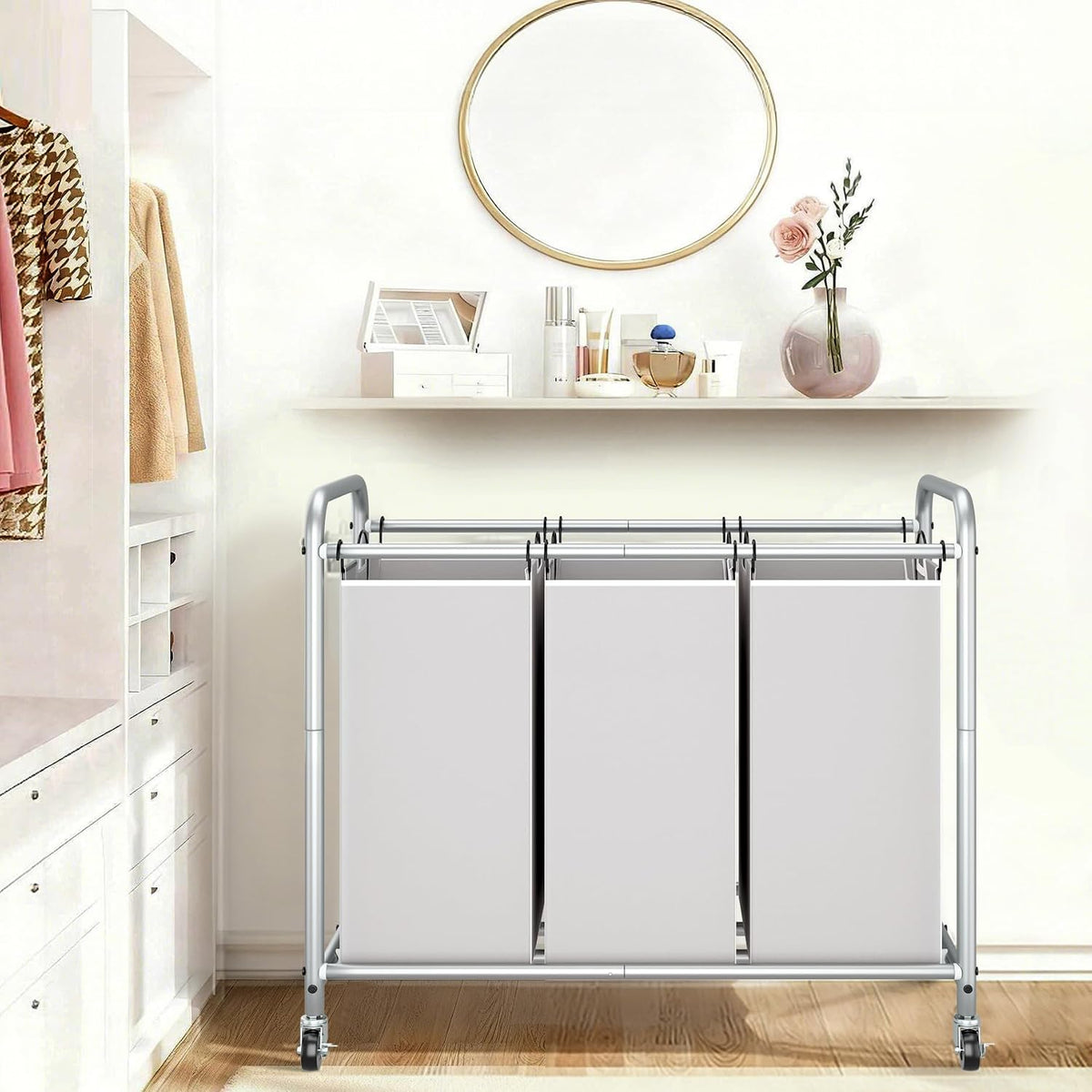 3 Section Laundry Sorter, 35.6 Gal (135 L) Laundry Hamper Cart with Heavy Duty Rolling Lockable Wheels and Removable Bags, Clothes Organizer Basket Separator Hamper, Gray
