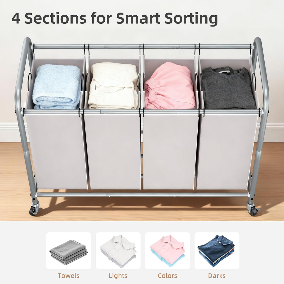 3 Section Laundry Sorter, 35.6 Gal (135 L) Laundry Hamper Cart with Heavy Duty Rolling Lockable Wheels and Removable Bags, Clothes Organizer Basket Separator Hamper, Gray
