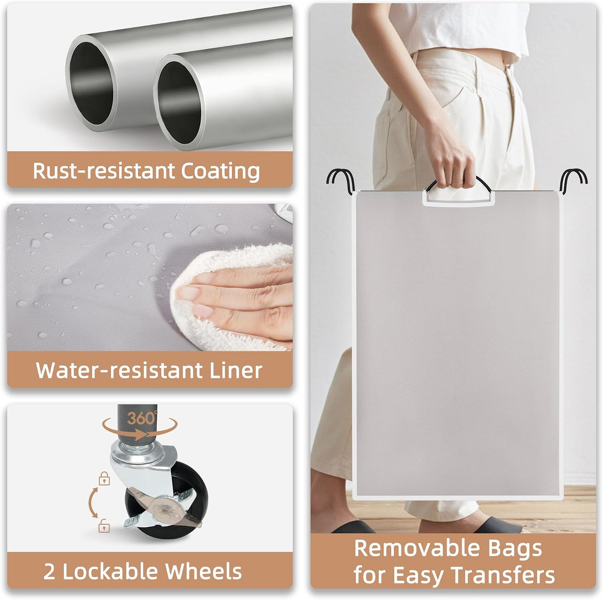 3 Section Laundry Sorter, 35.6 Gal (135 L) Laundry Hamper Cart with Heavy Duty Rolling Lockable Wheels and Removable Bags, Clothes Organizer Basket Separator Hamper, Gray