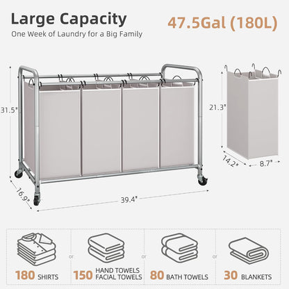 3 Section Laundry Sorter, 35.6 Gal (135 L) Laundry Hamper Cart with Heavy Duty Rolling Lockable Wheels and Removable Bags, Clothes Organizer Basket Separator Hamper, Gray