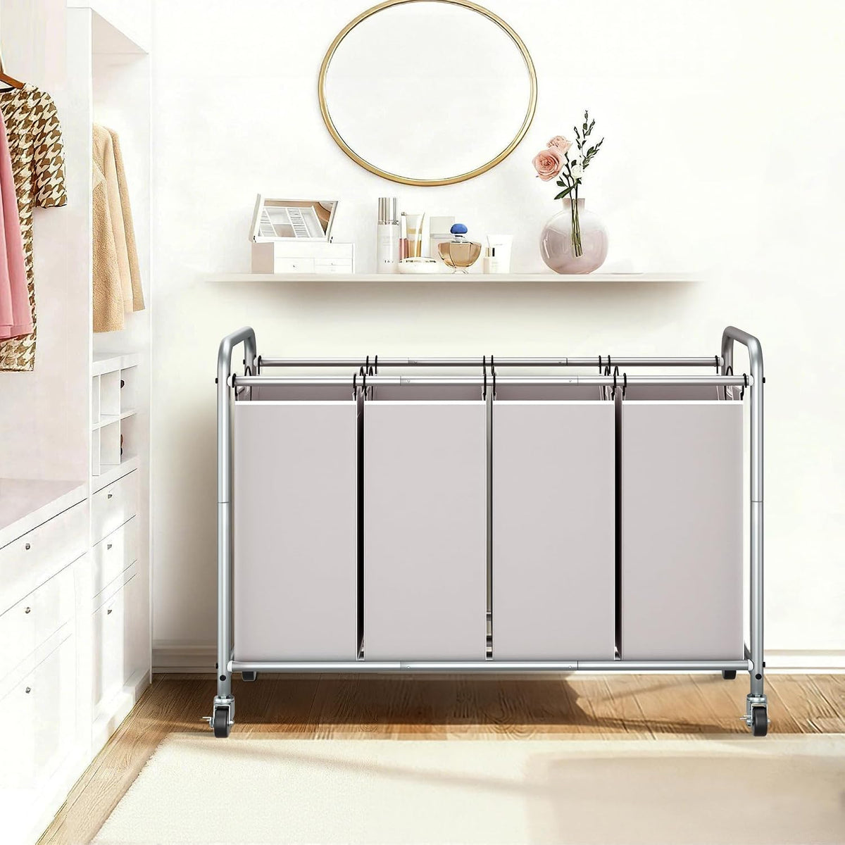 3 Section Laundry Sorter, 35.6 Gal (135 L) Laundry Hamper Cart with Heavy Duty Rolling Lockable Wheels and Removable Bags, Clothes Organizer Basket Separator Hamper, Gray