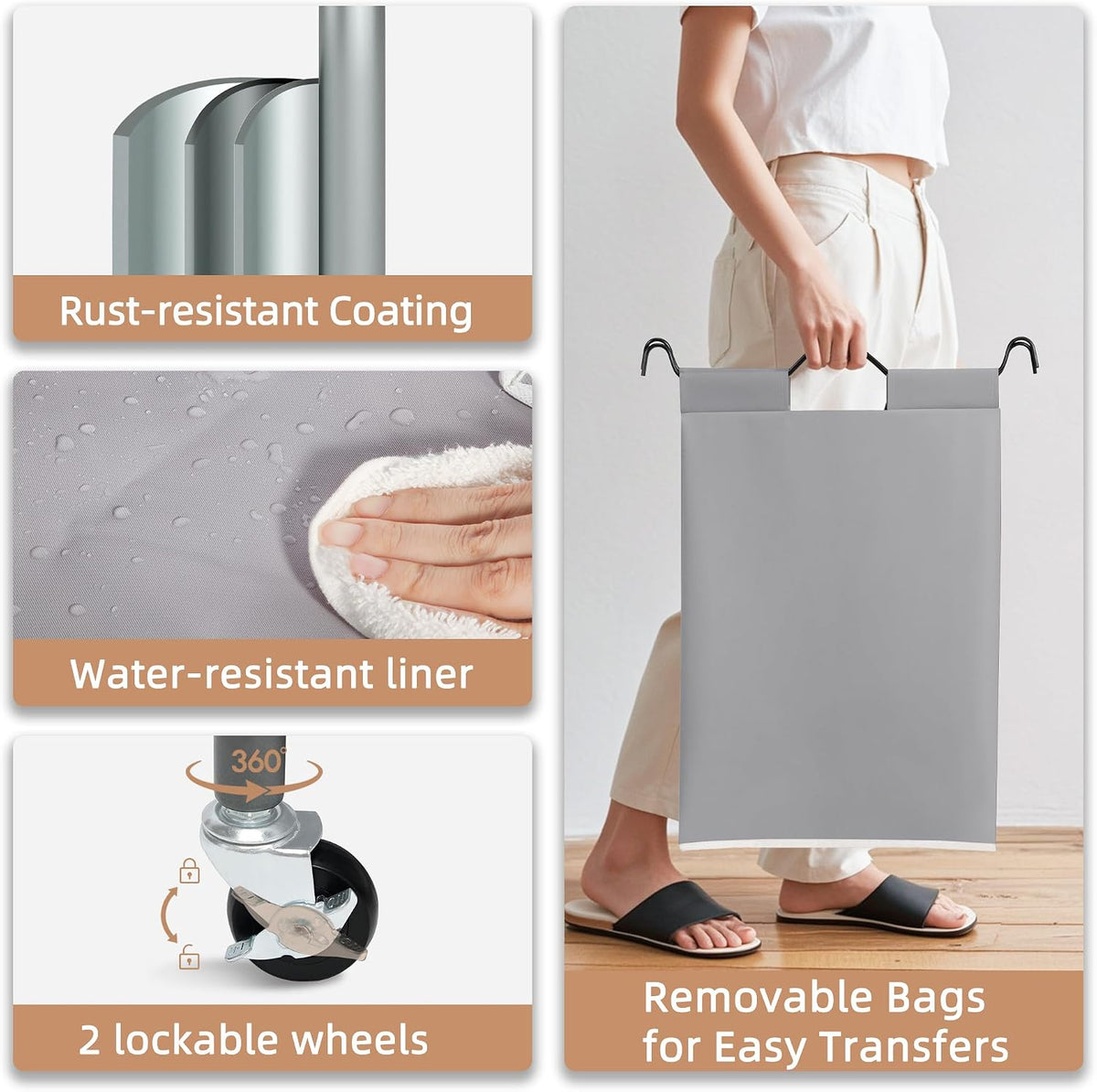 3 Section Laundry Sorter, 35.6 Gal (135 L) Laundry Hamper Cart with Heavy Duty Rolling Lockable Wheels and Removable Bags, Clothes Organizer Basket Separator Hamper, Gray