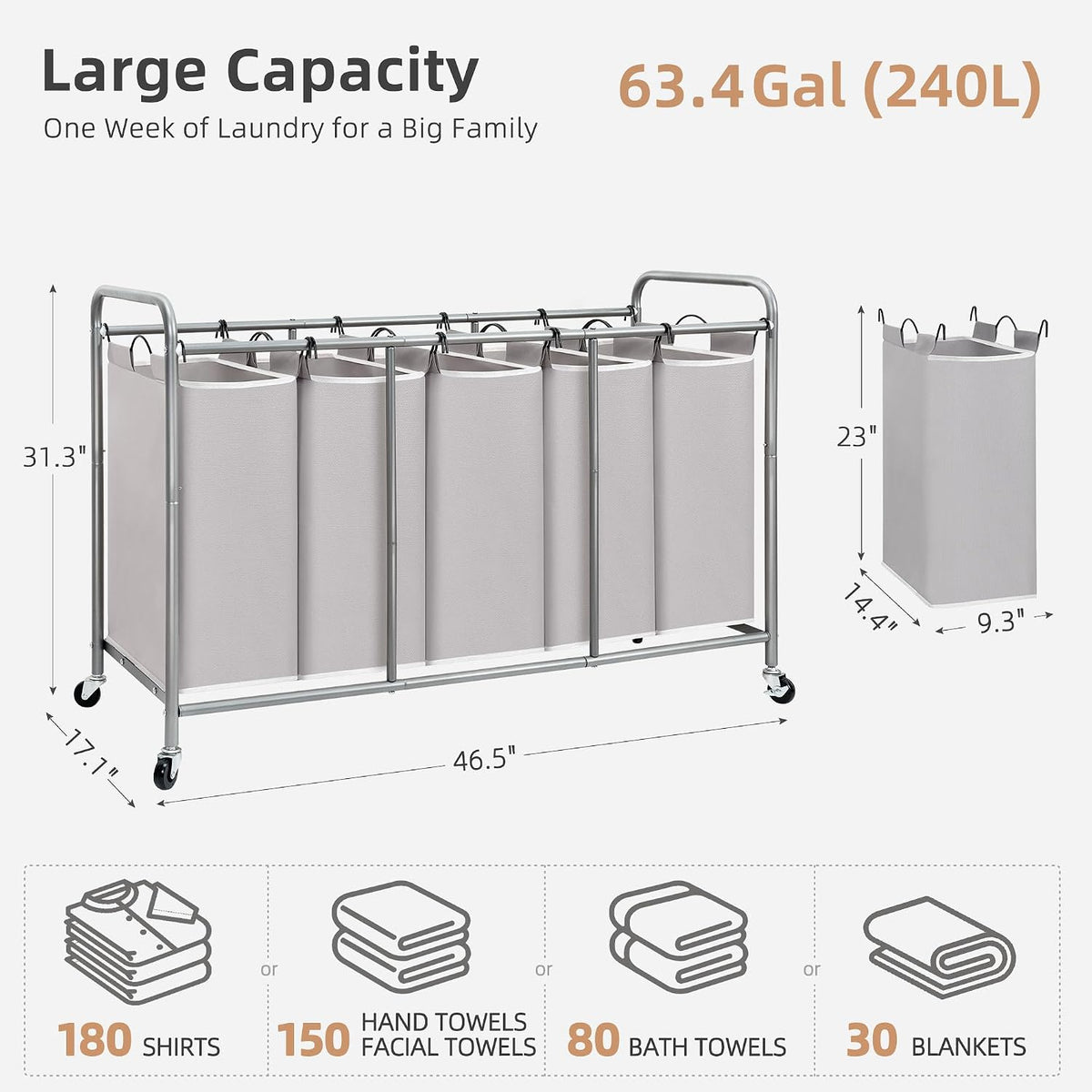 3 Section Laundry Sorter, 35.6 Gal (135 L) Laundry Hamper Cart with Heavy Duty Rolling Lockable Wheels and Removable Bags, Clothes Organizer Basket Separator Hamper, Gray