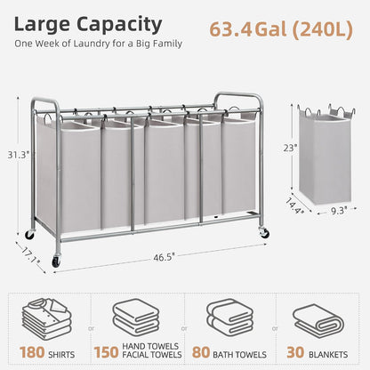 3 Section Laundry Sorter, 35.6 Gal (135 L) Laundry Hamper Cart with Heavy Duty Rolling Lockable Wheels and Removable Bags, Clothes Organizer Basket Separator Hamper, Gray