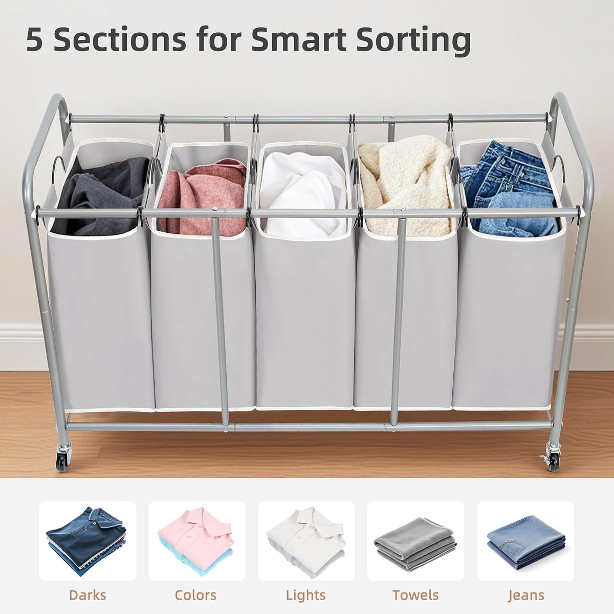 3 Section Laundry Sorter, 35.6 Gal (135 L) Laundry Hamper Cart with Heavy Duty Rolling Lockable Wheels and Removable Bags, Clothes Organizer Basket Separator Hamper, Gray