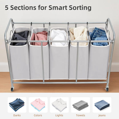 3 Section Laundry Sorter, 35.6 Gal (135 L) Laundry Hamper Cart with Heavy Duty Rolling Lockable Wheels and Removable Bags, Clothes Organizer Basket Separator Hamper, Gray
