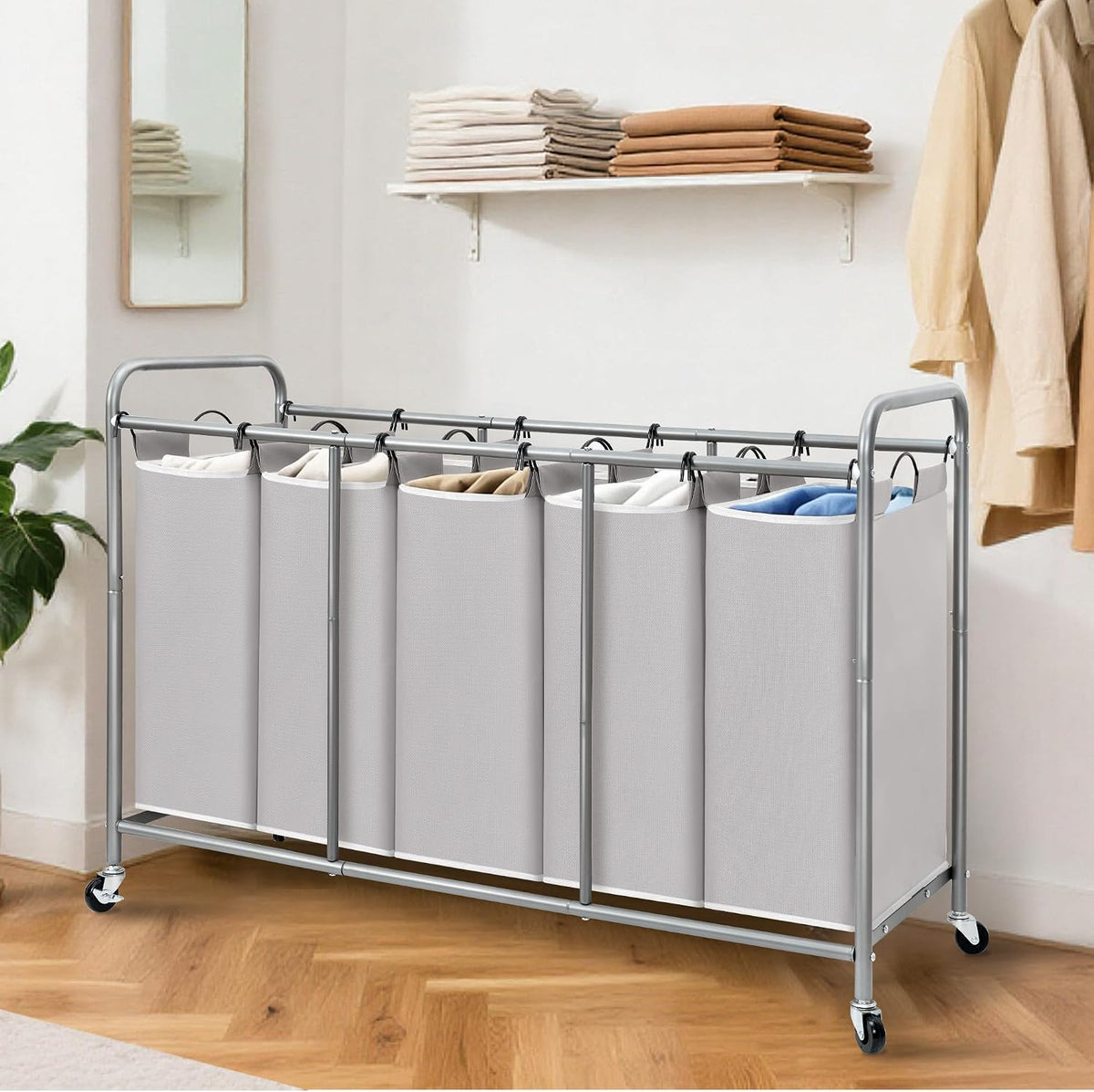 3 Section Laundry Sorter, 35.6 Gal (135 L) Laundry Hamper Cart with Heavy Duty Rolling Lockable Wheels and Removable Bags, Clothes Organizer Basket Separator Hamper, Gray