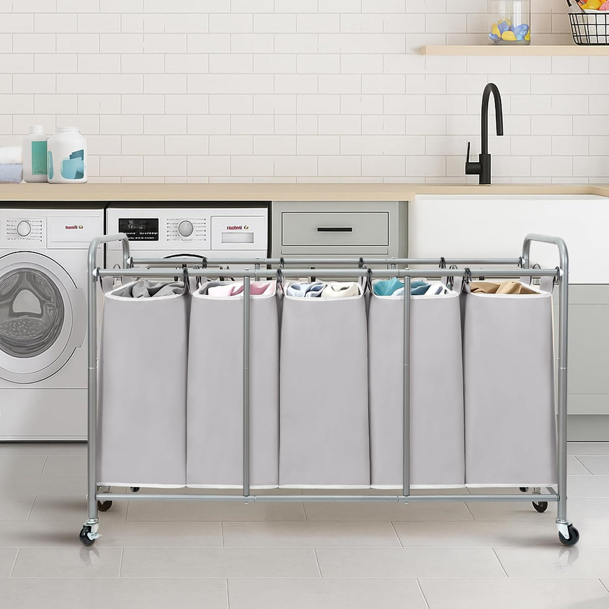 3 Section Laundry Sorter, 35.6 Gal (135 L) Laundry Hamper Cart with Heavy Duty Rolling Lockable Wheels and Removable Bags, Clothes Organizer Basket Separator Hamper, Gray