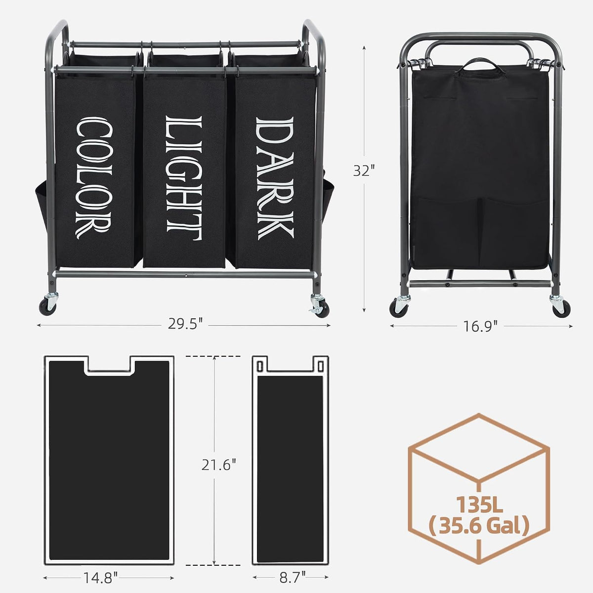 3 Section Laundry Sorter, 35.6 Gal (135 L) Laundry Hamper Cart with Heavy Duty Rolling Lockable Wheels and Removable Bags, Clothes Organizer Basket Separator Hamper, Gray