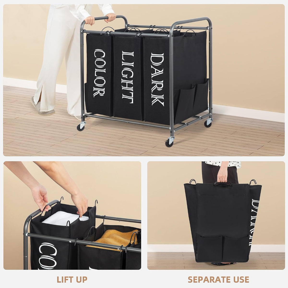 3 Section Laundry Sorter, 35.6 Gal (135 L) Laundry Hamper Cart with Heavy Duty Rolling Lockable Wheels and Removable Bags, Clothes Organizer Basket Separator Hamper, Gray