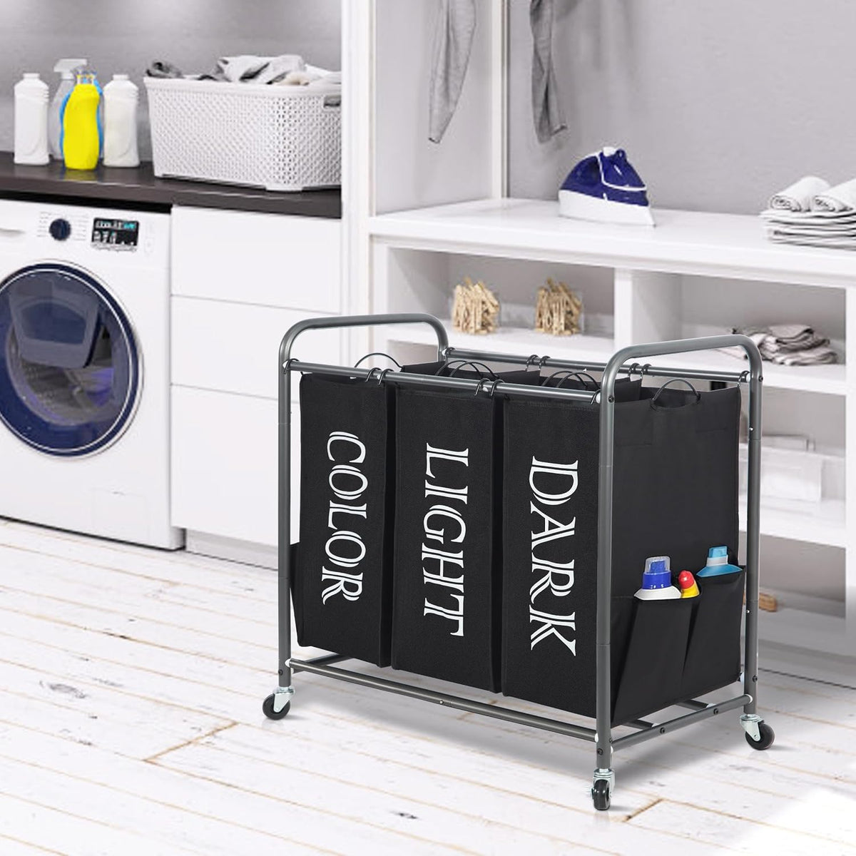 3 Section Laundry Sorter, 35.6 Gal (135 L) Laundry Hamper Cart with Heavy Duty Rolling Lockable Wheels and Removable Bags, Clothes Organizer Basket Separator Hamper, Gray