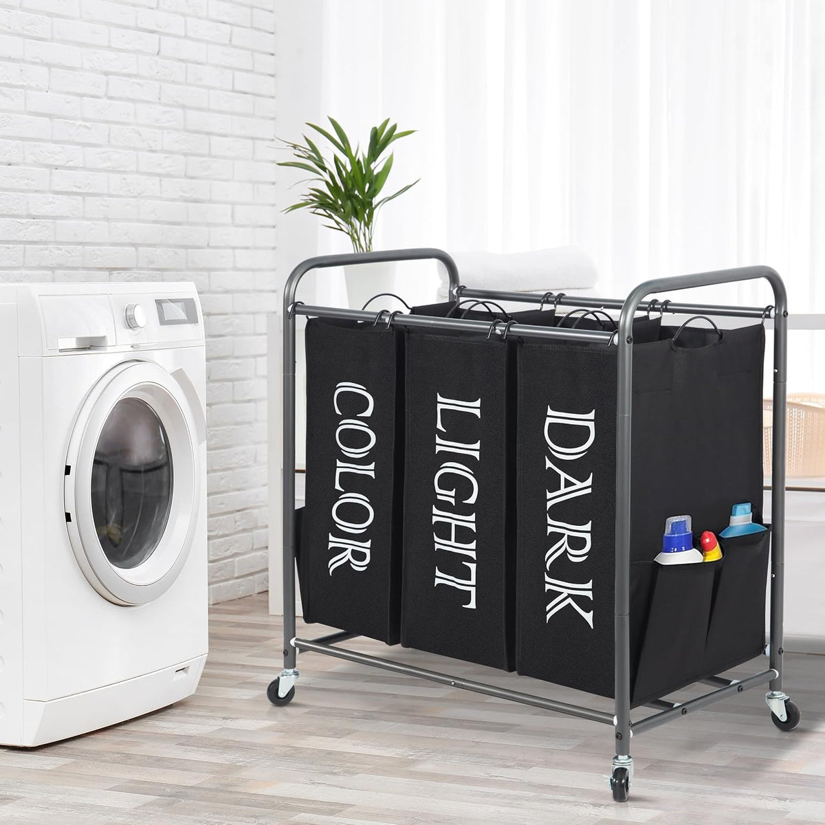 3 Section Laundry Sorter, 35.6 Gal (135 L) Laundry Hamper Cart with Heavy Duty Rolling Lockable Wheels and Removable Bags, Clothes Organizer Basket Separator Hamper, Gray