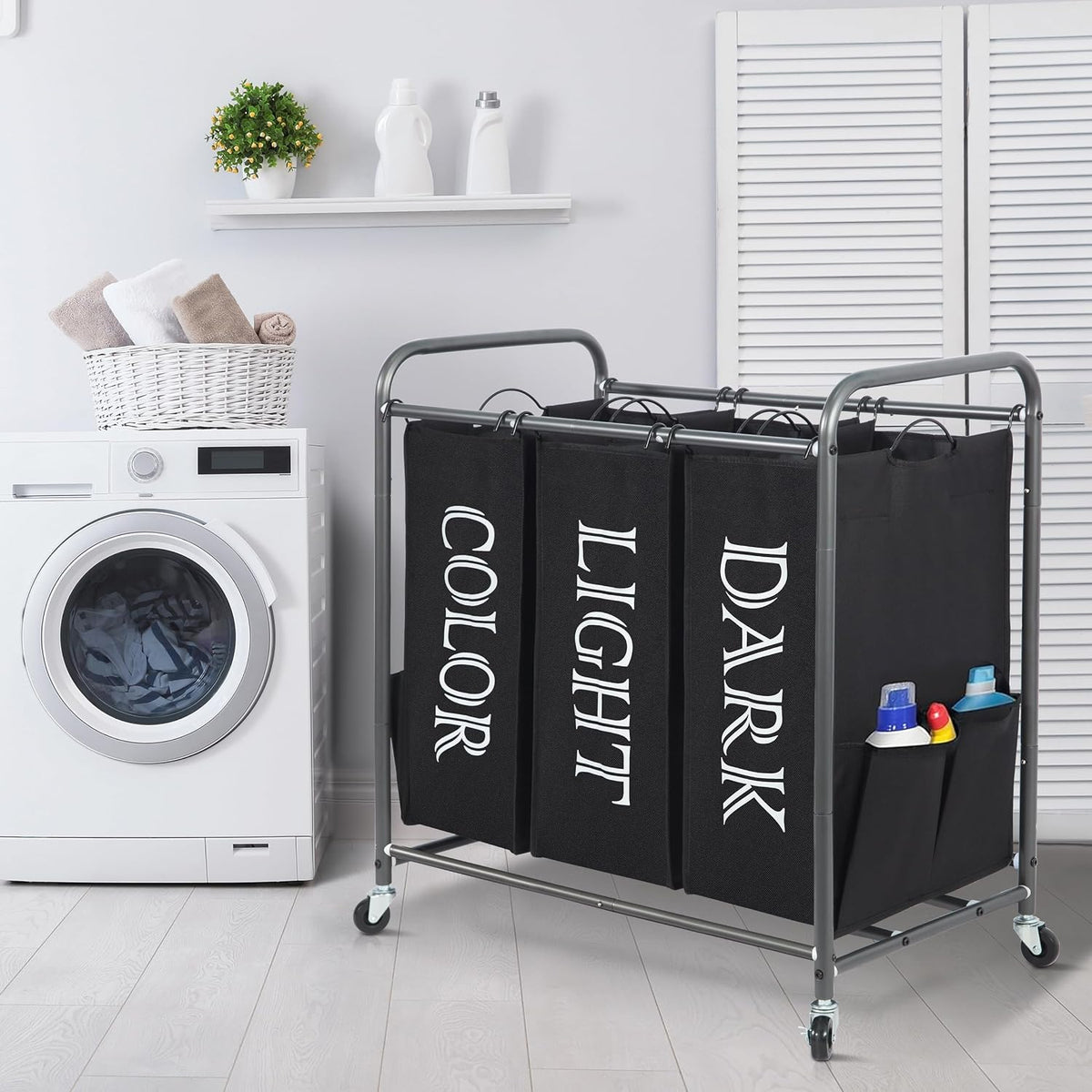 3 Section Laundry Sorter, 35.6 Gal (135 L) Laundry Hamper Cart with Heavy Duty Rolling Lockable Wheels and Removable Bags, Clothes Organizer Basket Separator Hamper, Gray