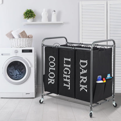 3 Section Laundry Sorter, 35.6 Gal (135 L) Laundry Hamper Cart with Heavy Duty Rolling Lockable Wheels and Removable Bags, Clothes Organizer Basket Separator Hamper, Gray