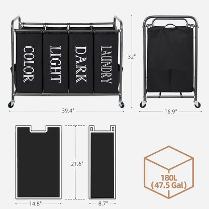 3 Section Laundry Sorter, 35.6 Gal (135 L) Laundry Hamper Cart with Heavy Duty Rolling Lockable Wheels and Removable Bags, Clothes Organizer Basket Separator Hamper, Gray