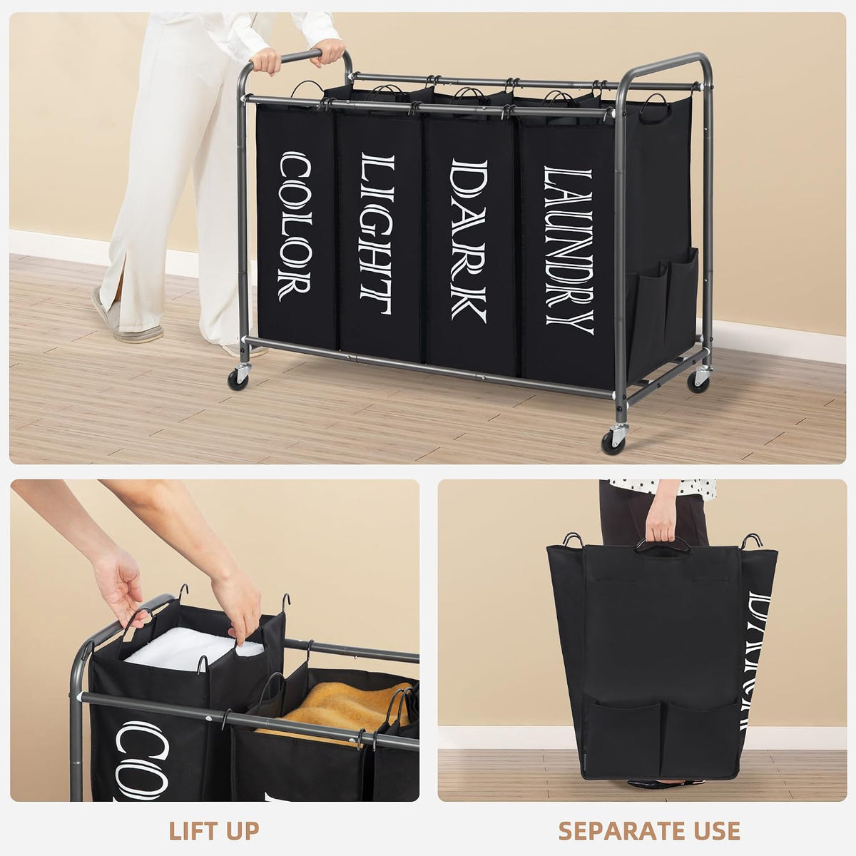 3 Section Laundry Sorter, 35.6 Gal (135 L) Laundry Hamper Cart with Heavy Duty Rolling Lockable Wheels and Removable Bags, Clothes Organizer Basket Separator Hamper, Gray
