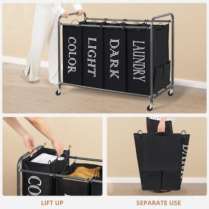 3 Section Laundry Sorter, 35.6 Gal (135 L) Laundry Hamper Cart with Heavy Duty Rolling Lockable Wheels and Removable Bags, Clothes Organizer Basket Separator Hamper, Gray