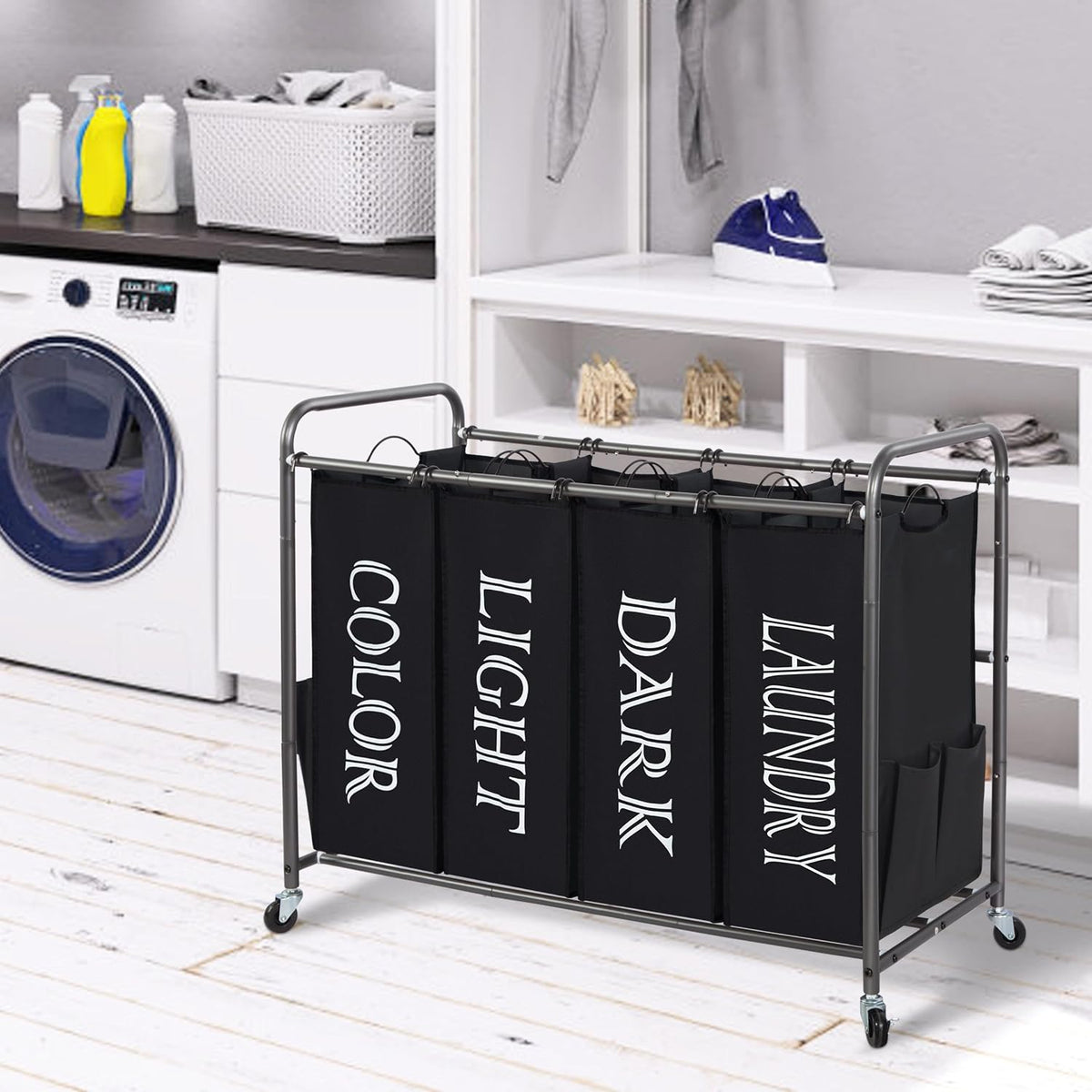 3 Section Laundry Sorter, 35.6 Gal (135 L) Laundry Hamper Cart with Heavy Duty Rolling Lockable Wheels and Removable Bags, Clothes Organizer Basket Separator Hamper, Gray