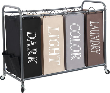 3 Section Laundry Sorter, 35.6 Gal (135 L) Laundry Hamper Cart with Heavy Duty Rolling Lockable Wheels and Removable Bags, Clothes Organizer Basket Separator Hamper, Gray