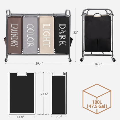 3 Section Laundry Sorter, 35.6 Gal (135 L) Laundry Hamper Cart with Heavy Duty Rolling Lockable Wheels and Removable Bags, Clothes Organizer Basket Separator Hamper, Gray