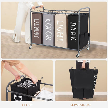 3 Section Laundry Sorter, 35.6 Gal (135 L) Laundry Hamper Cart with Heavy Duty Rolling Lockable Wheels and Removable Bags, Clothes Organizer Basket Separator Hamper, Gray