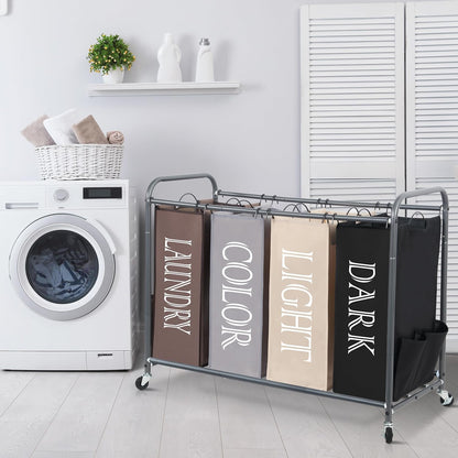 3 Section Laundry Sorter, 35.6 Gal (135 L) Laundry Hamper Cart with Heavy Duty Rolling Lockable Wheels and Removable Bags, Clothes Organizer Basket Separator Hamper, Gray