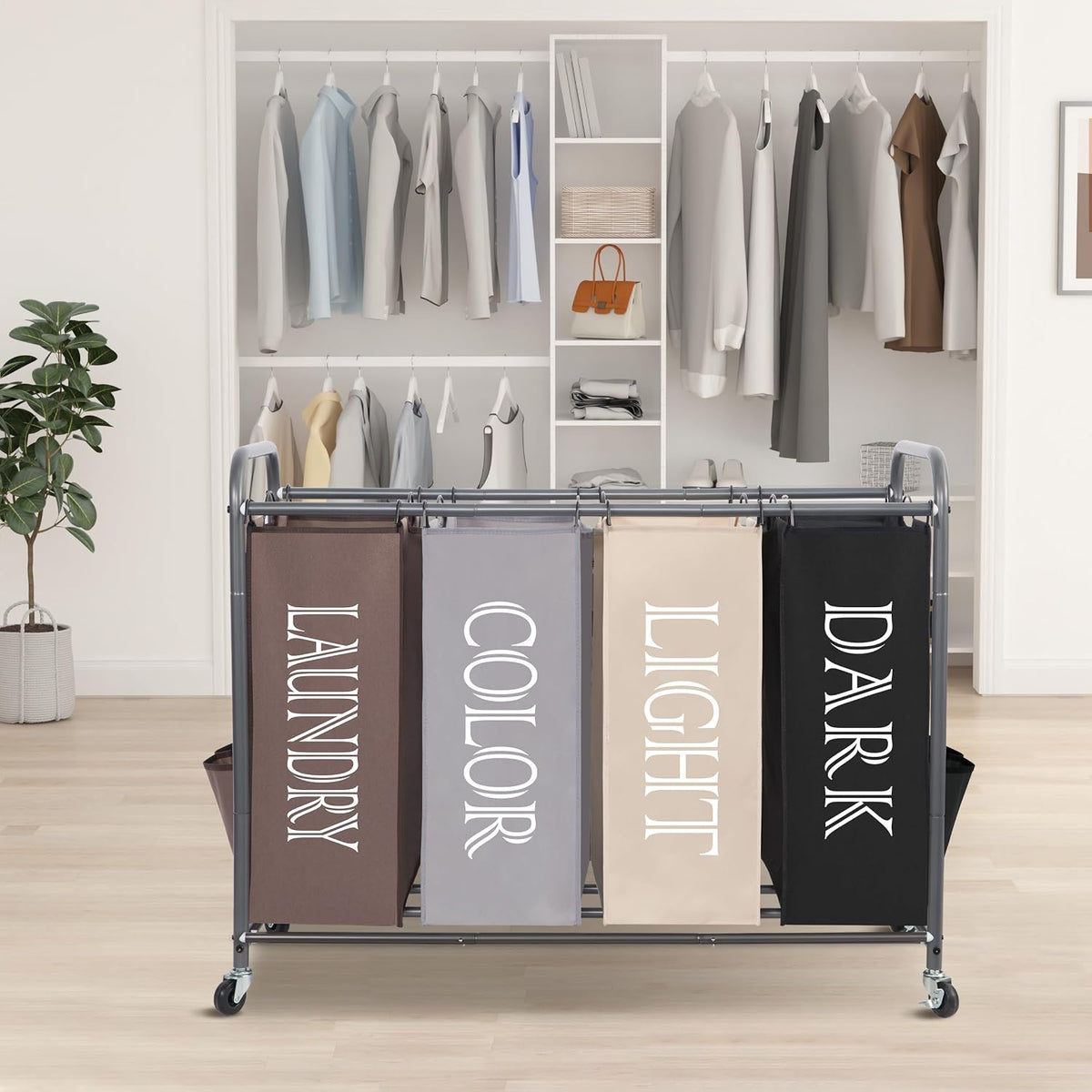 3 Section Laundry Sorter, 35.6 Gal (135 L) Laundry Hamper Cart with Heavy Duty Rolling Lockable Wheels and Removable Bags, Clothes Organizer Basket Separator Hamper, Gray