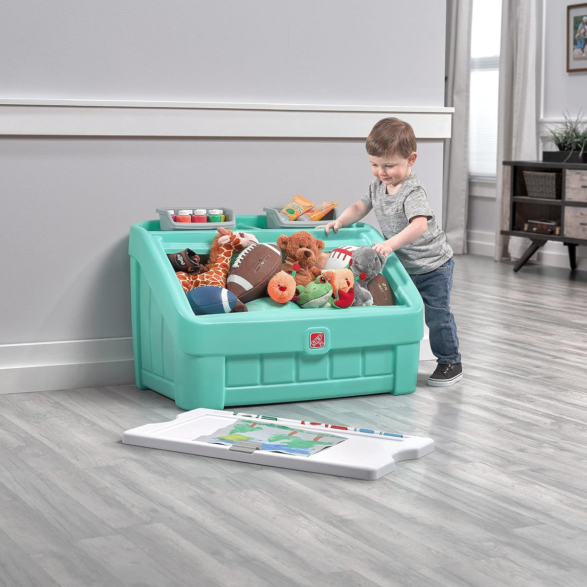 2-in-1 Toy Box & Art Lid, Kids Toy Storage Bin & Organizer, Easel & Chest in One, Made of Durable Plastic, For Toddlers 2+ Years Old, Gray