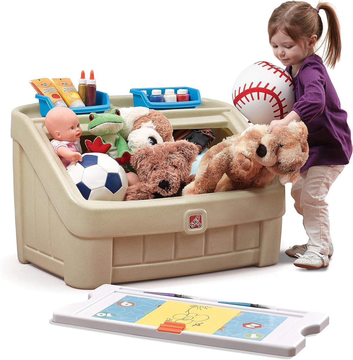 2-in-1 Toy Box & Art Lid, Kids Toy Storage Bin & Organizer, Easel & Chest in One, Made of Durable Plastic, For Toddlers 2+ Years Old, Gray