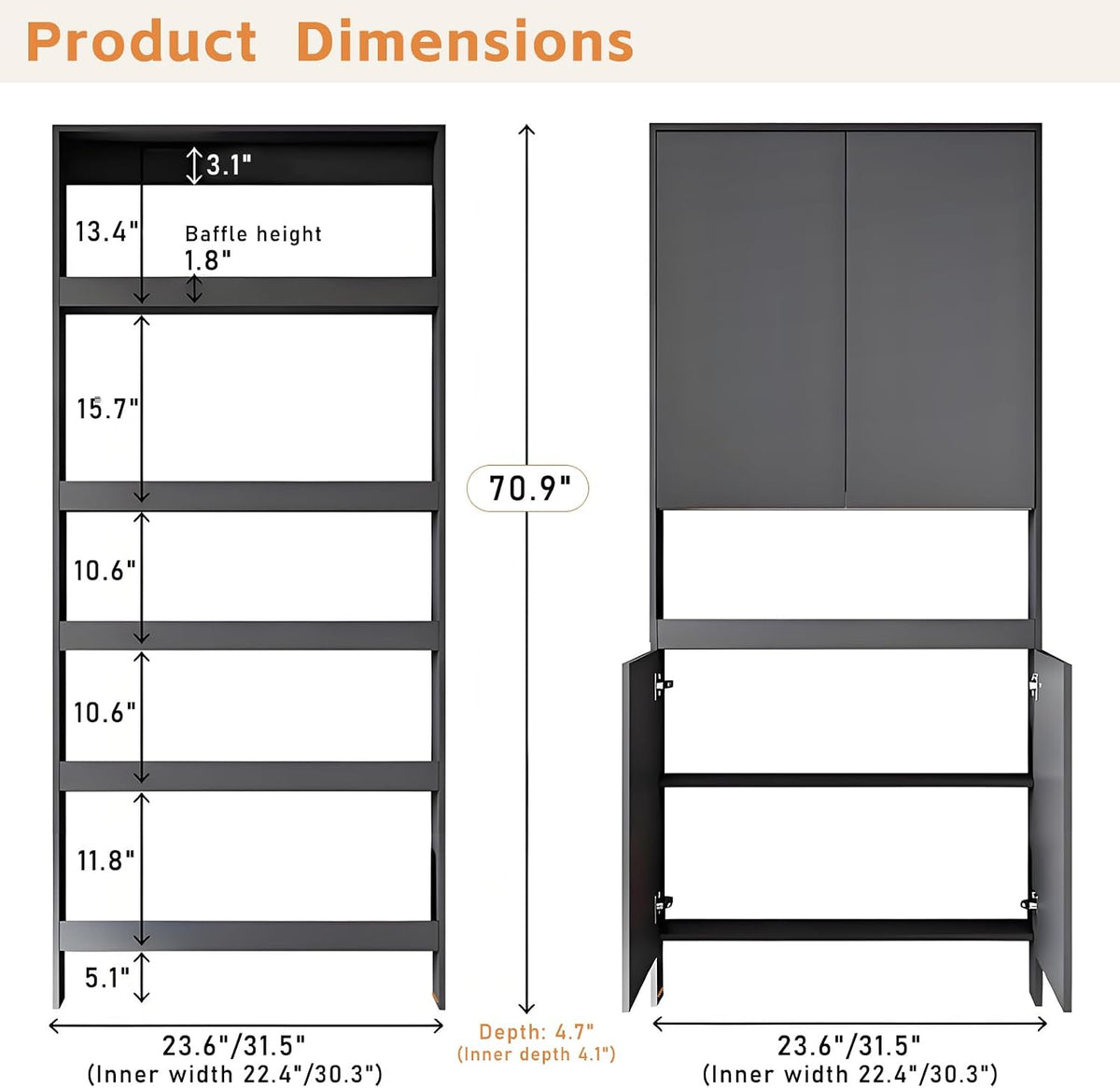 Behind The Door Bookshelf,5-Shelf Bookcase with Storage and Privacy Doors, Wooden Storage Cabinet Behind The Door Suitable for: Bedroom, Living Room