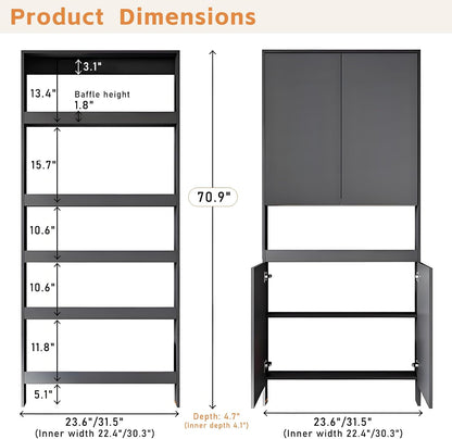 Behind The Door Bookshelf,5-Shelf Bookcase with Storage and Privacy Doors, Wooden Storage Cabinet Behind The Door Suitable for: Bedroom, Living Room