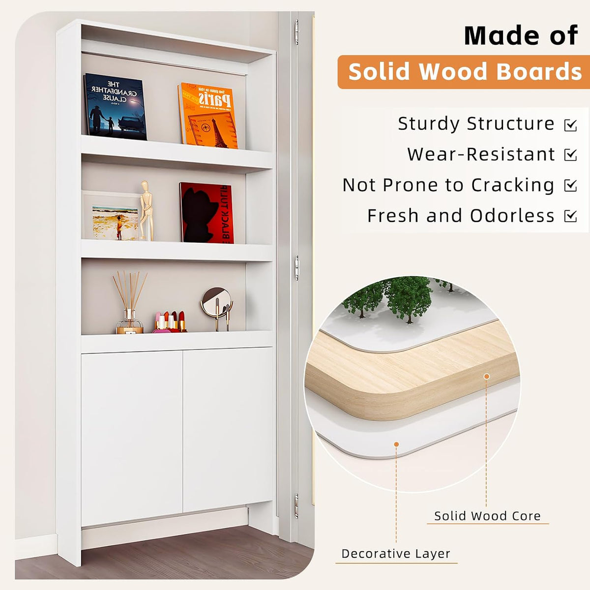 Behind The Door Bookshelf,5-Shelf Bookcase with Storage and Privacy Doors, Wooden Storage Cabinet Behind The Door Suitable for: Bedroom, Living Room