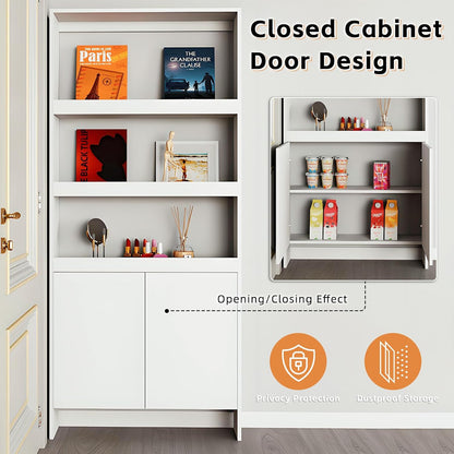 Behind The Door Bookshelf,5-Shelf Bookcase with Storage and Privacy Doors, Wooden Storage Cabinet Behind The Door Suitable for: Bedroom, Living Room