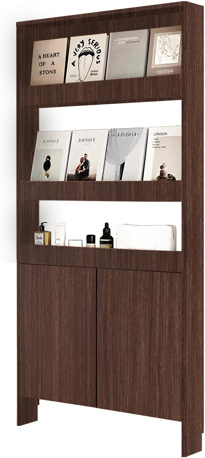 Behind The Door Bookshelf,5-Shelf Bookcase with Storage and Privacy Doors, Wooden Storage Cabinet Behind The Door Suitable for: Bedroom, Living Room