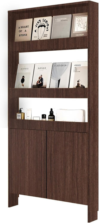 Behind The Door Bookshelf,5-Shelf Bookcase with Storage and Privacy Doors, Wooden Storage Cabinet Behind The Door Suitable for: Bedroom, Living Room