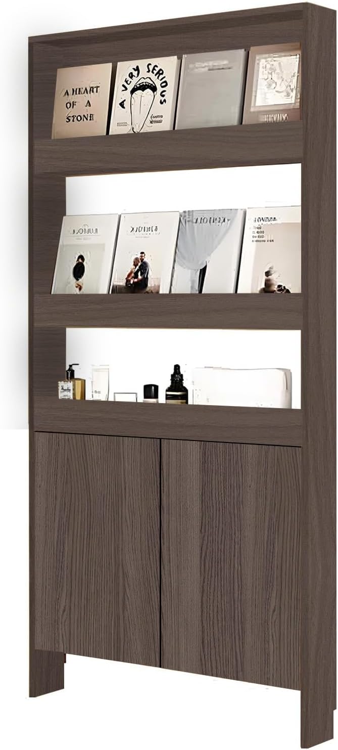 Behind The Door Bookshelf,5-Shelf Bookcase with Storage and Privacy Doors, Wooden Storage Cabinet Behind The Door Suitable for: Bedroom, Living Room